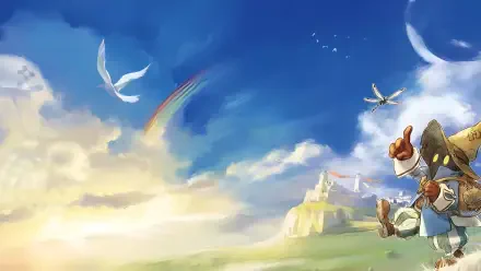 2K Quad HD PC desktop wallpaper: Final Fantasy IX video game art of Vivi Ornitier seated on a sunlit hill with birds, a rainbow and a distant castle.
