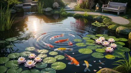 4K Ultra HD PC desktop wallpaper background: serene water garden pond with koi swimming among lily pads, pink water lilies, stones and a bench.