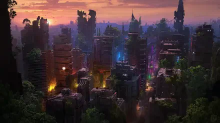 4K Ultra HD PC desktop wallpaper: a sci‑fi post-apocalyptic futuristic city overgrown with vegetation, neon lights and crumbling skyscrapers at sunset.