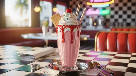 4K Ultra HD PC desktop wallpaper and background of a pink milkshake topped with whipped cream, cherry, sprinkles and a wafer, syrup dripping down a glass in a retro diner setting.