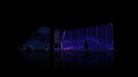 Pixel art HD PC desktop wallpaper: black-themed Katana Zero interior with a lone silhouetted figure framed by a purple city skyline.