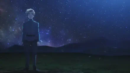 HD PC wallpaper — anime scene: Rafal from Orb: On the Movements of the Earth stands beneath a vast starry night sky and glowing universe.