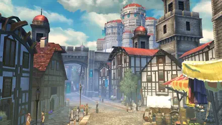Tales of Berseria video game 4K Ultra HD PC desktop wallpaper: sunlit medieval town street with timbered houses, market stalls and distant castle towers beneath a bright blue sky.