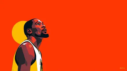 2K Quad HD PC wallpaper: stylized portrait of an NBA player in a Golden State Warriors jersey gazing upward against a bold orange background.