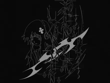 Dark Gothic anime cybersigilism 2K Quad HD PC desktop wallpaper: black background with a gothic girl and a glowing techno-sigil blade over circuit-like motifs.