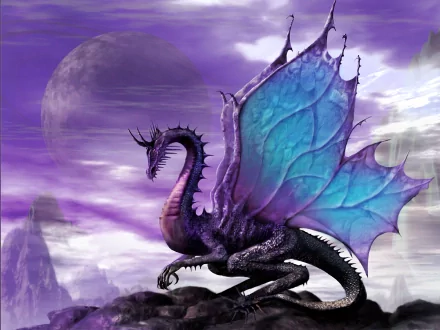 A stunning HD fantasy wallpaper featuring a majestic dragon with vibrant wings, set against a mystical landscape with a moonlit sky and distant mountains.