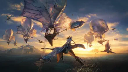 Avatar: Fire and Ash — 4K Ultra HD PC desktop wallpaper and background depicting a rider on a winged creature gliding over a sunlit ocean at sunset among sail-like airborne beasts.