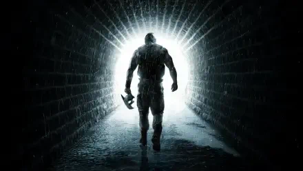 Batman: The Dark Knight Rises — silhouetted Batman strides from a brick tunnel into blinding light, holding a Batarang. 4K Ultra HD PC desktop wallpaper/background.