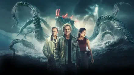 Monarch: Legacy of Monsters — 4K Ultra HD PC desktop wallpaper and background: three characters stand on a stormy shore as a glowing-eyed, tentacled kaiju rises behind them.