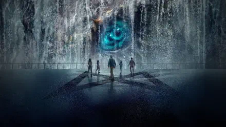 Monarch: Legacy of Monsters 4K Ultra HD PC Desktop Wallpaper and Background — five silhouettes face a colossal cascading wall with a glowing blue eye and a shadowed Monarch emblem.