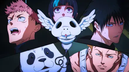 Jujutsu Kaisen 3rd Season anime 4K Ultra HD PC desktop wallpaper: Megumi, Hikari and Panda with a winged panda mask and dramatic close-up portraits