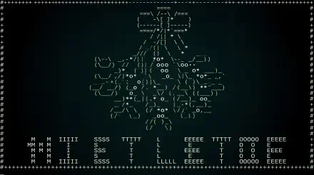 5K Ultra HD PC desktop wallpaper and background: dark green field with ASCII-art mistletoe and bow above stylized MERRY XMAS text in glowing green.