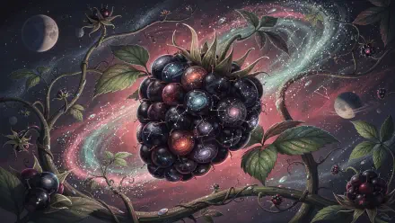 4K Ultra HD PC desktop wallpaper: a luminous blackberry suspended in a swirling cosmic galaxy, surrounded by leaves, vines and distant planets — detailed, otherworldly botanical space scene.