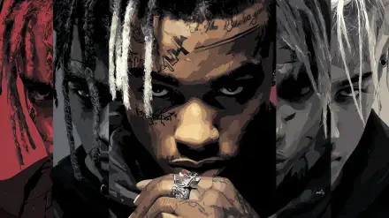 2K Quad HD rap/trap PC wallpaper: stylized, brooding tattooed rapper with split-dyed hair and intense gaze, hands clasped near face.