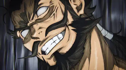 Gritty close-up of Gantetsusai Tamiya snarling from Hell's Paradise anime, rendered as a 5K Ultra HD PC desktop wallpaper.