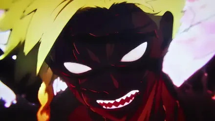 Hell's Paradise — Choubei demon in anime style: glowing white eyes, sharp teeth and dark visage with vivid highlights; 4K Ultra HD PC desktop wallpaper background.