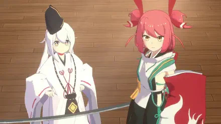 HD PC desktop wallpaper of Homura Hime (video game), showing two stylized heroines: a white-robed priestess and a pink-haired swordswoman standing on a wooden floor.