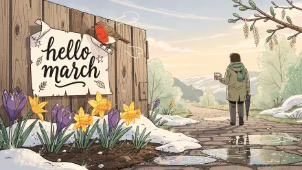 4K Ultra HD PC desktop wallpaper and background: illustrated spring path with a wooden sign reading hello march, a robin, daffodils and crocuses, melting snow, and a person walking with a mug.
