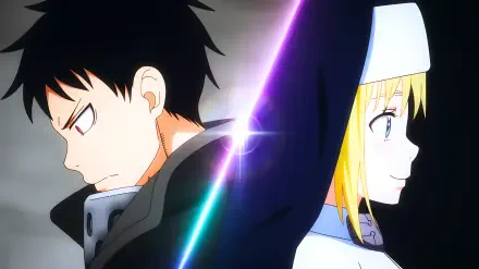 Fire Force 4K Ultra HD desktop wallpaper: Shinra Kusakabe and anime girl Iris stand back-to-back, separated by a glowing diagonal light that highlights their contrasting duality.