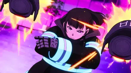 4K Ultra HD PC desktop wallpaper of Maki Oze (Fire Force): anime girl with pink eyes in firefighter uniform unleashing sparks and spinning equipment against violet flames.