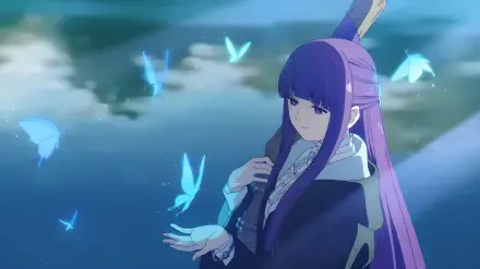 Fern (Frieren: Beyond Journey's End) — purple-haired mage coaxing glowing butterflies over moonlit water; 4K Ultra HD anime PC desktop wallpaper/background.