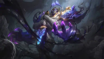 8K Ultra HD PC desktop wallpaper and background: Xerath from League of Legends — a MOBA fantasy warrior wreathed in purple-blue arcane energy amid crumbling stone.