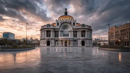 Ornate domed theater facing a polished marble Constitution Plaza in Mexico City under a dramatic sky; 2K Quad HD PC desktop wallpaper highlighting Mexican architecture and marble details.