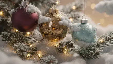 Frosted red, gold and blue baubles hanging on snowy pine with warm bokeh lights — 4K Ultra HD PC desktop wallpaper and background.