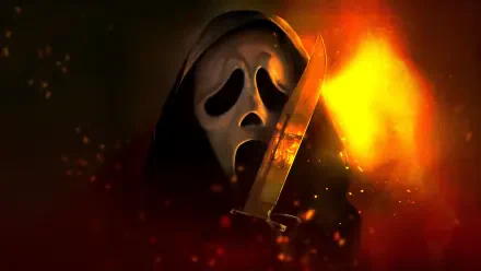 Scream 7 4K Ultra HD PC desktop wallpaper: Ghostface in a hood clutching a knife, silhouetted against flames and glowing embers.