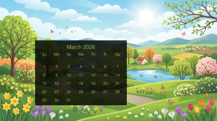 5K Ultra HD PC desktop wallpaper background featuring a March 2026 calendar overlay on a sunny spring landscape with rolling hills, pond, blooming trees and colorful flowers.