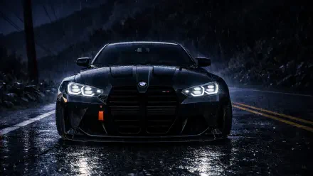 Front view of a black BMW M4 Competition Coupé with BMW Eyes headlights on a rain-slick road at night — The Crew Motorfest 4K Ultra HD PC wallpaper.