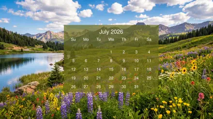 July 2026 calendar overlaid on 5K Ultra HD PC desktop wallpaper: alpine lake and wildflower meadow with mountains under a blue sky.