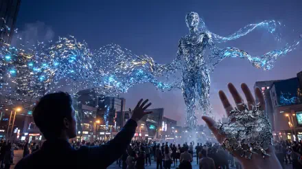 5K Ultra HD PC desktop wallpaper: a luminous nanotech swarm forms a towering humanoid above a city as crowds reach toward a transforming, shimmering nanotech hand in the foreground.
