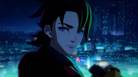 Brooding anime-style character with green-highlighted hair clutching a glowing device before a neon city at night — video game Screamer (2026) 4K Ultra HD PC desktop wallpaper