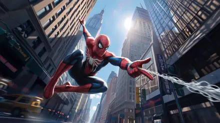 Spider-Man from the movie Spider-Man: Brand New Day swings through a sunlit city skyline; dynamic 2K Quad HD PC desktop wallpaper/background.