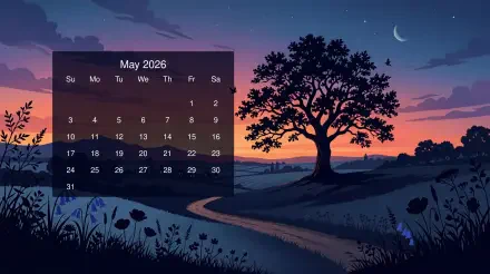 May 2026 calendar overlaid on 5K Ultra HD PC desktop wallpaper and background: dusk landscape with winding stream, silhouette tree, wildflowers and crescent moon against purple-orange sky.