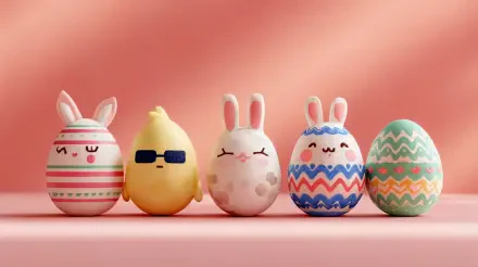 Cute Easter 4K Ultra HD PC desktop wallpaper showing five decorated pastel eggs and a tiny chick wearing sunglasses lined up on a soft pink background.