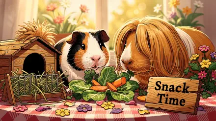 4K Ultra HD PC desktop wallpaper of two guinea pigs sharing veggies at a picnic table with a hay house, a Snack Time sign and warm floral sunlight.