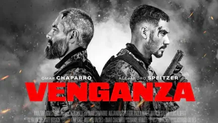 HD PC desktop wallpaper/background: gritty black-and-white image of two armed men back-to-back beneath a bold red title VENGANZA, with smoke, embers, and a tense, cinematic atmosphere.
