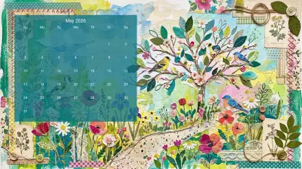 May 2026 calendar 5K Ultra HD PC desktop wallpaper: colorful collage of flowering meadow, bird-filled tree, stitched patchwork patterns and a turquoise calendar overlay.