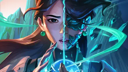 HD PC wallpaper of Valorant's Sage: split portrait of serene healer and spectral armored form, cradling a glowing teal orb against an icy blue background.