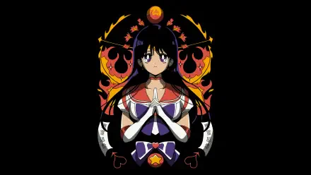 Manga-style Sailor Mars from Sailor Moon standing with hands clasped, fiery motifs and dark backdrop — 4K Ultra HD PC desktop wallpaper.