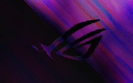 Asus, Asus ROG 2K Quad HD PC desktop wallpaper: glitch-style black ROG eye logo over diagonal purple and magenta scanline stripes on a dark background