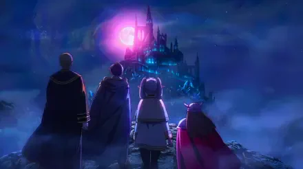 Frieren: Beyond Journey's End — Himmel and companions gaze at a spooky, glowing fantasy castle at night; anime 5K Ultra HD PC desktop wallpaper and background.