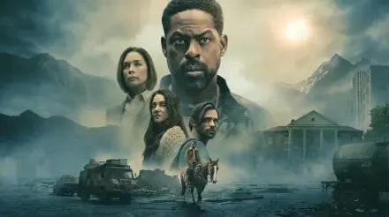 TV Show Paradise (2025) 2K Quad HD wallpaper: four faces loom over a misty ruined town as a horseman approaches a derelict mansion, an armored vehicle nearby under moody dusk light.