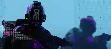 Marathon (Video Game) 4K Ultra HD PC desktop wallpaper: neon-lit soldier in futuristic helmet aims a sci-fi gun amid glitchy blue-pink haze, shadowy armored figure behind.