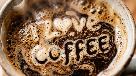 5K Ultra HD PC desktop wallpaper of a steaming coffee cup; crema spells I love coffee in foamy letters amid rich, swirling brown tones.