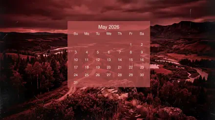 May 2026 calendar overlaying a red-tinted mountain and river landscape — 5K Ultra HD PC desktop wallpaper and background.