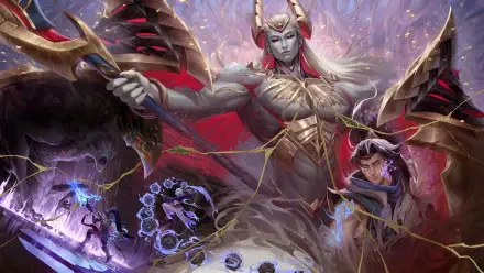 4K Ultra HD League of Legends PC desktop wallpaper: Yunara, Xin Zhao and Zaahen clash amid swirling runes, purple lightning and a dramatic celestial backdrop.