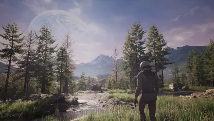 2K Quad HD PC desktop wallpaper from the video game ICARUS: a solitary suited survivor stands by a stream in a pine forest, with distant mountains and a huge moon on the horizon.